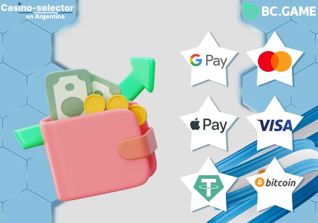 Métodos de depósito y retiro en BC Game, incluyendo criptomonedas.